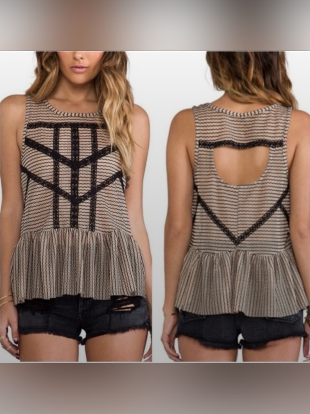 Beige Tank Top with Black Trim and Peplum Hem